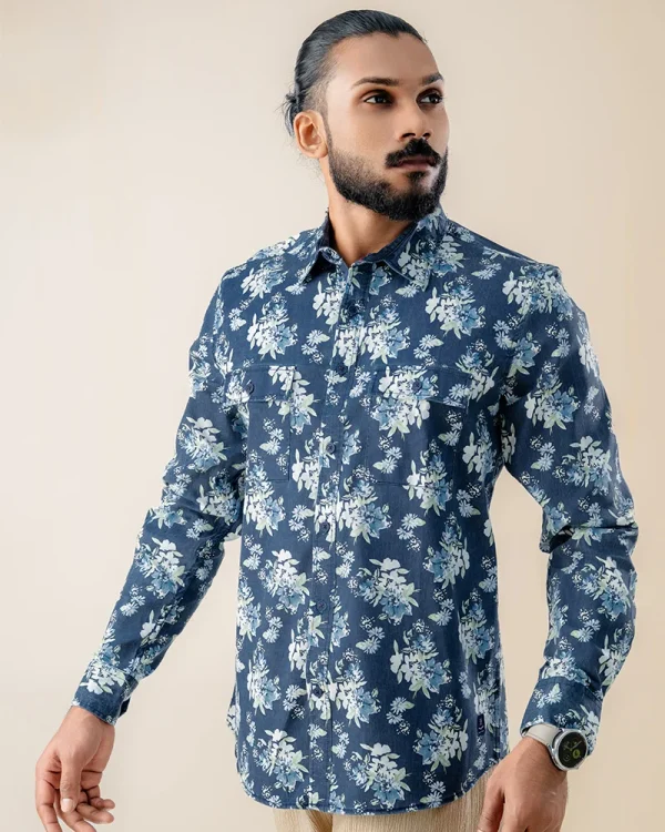 Midnight Floral Printed Denim Shirt