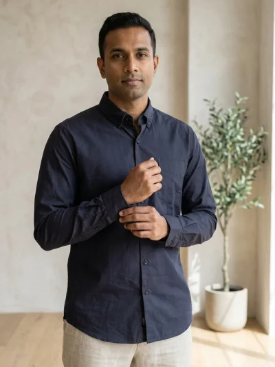 Navy Blue Cotton Long-Sleeve Shirt