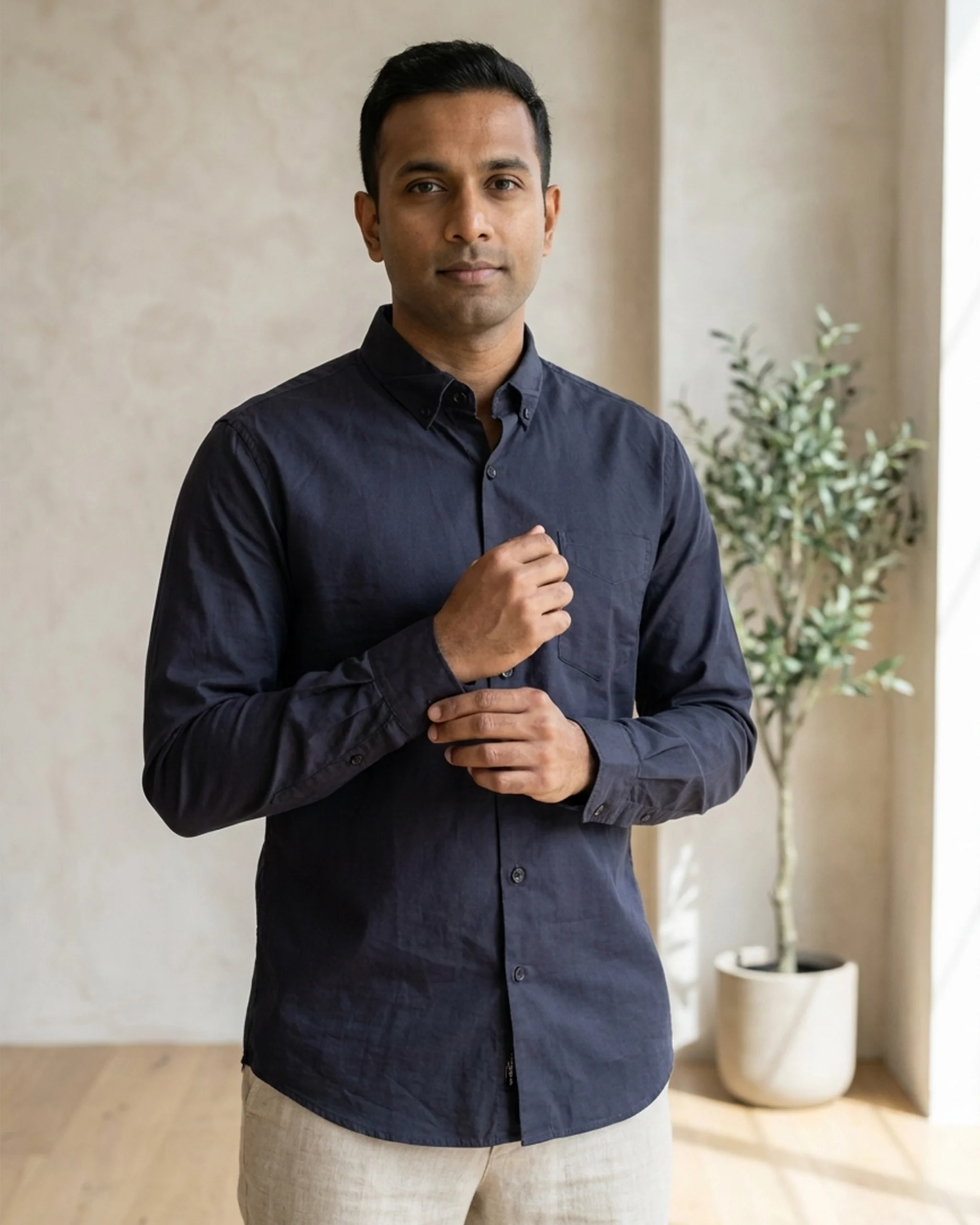 Navy Blue Cotton Long-Sleeve Shirt 1 Navy Blue Cotton Long-Sleeve Shirt