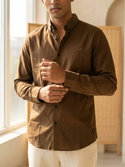 Mocha Brown Cotton Long-Sleeve Shirt