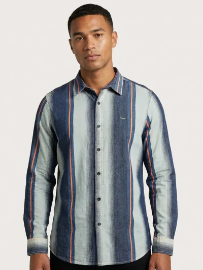 Blue Striped Cotton Long-Sleeve Shirt