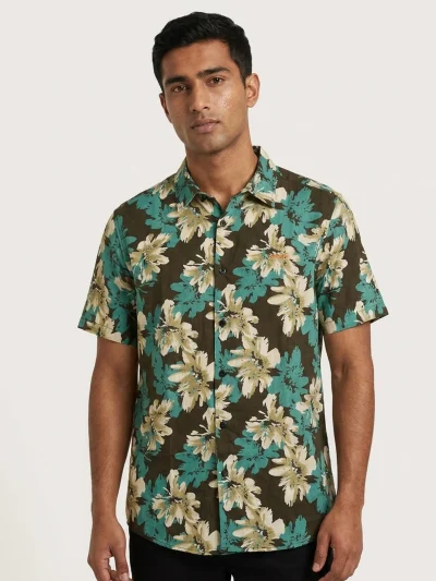 Teal Floral Short-Sleeve Shirt