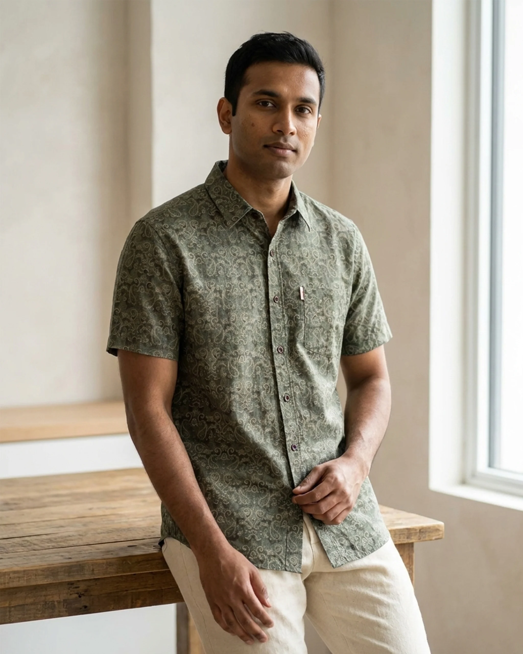 Olive Paisley Short-Sleeve Shirt 1 Olive Paisley Short-Sleeve Shirt
