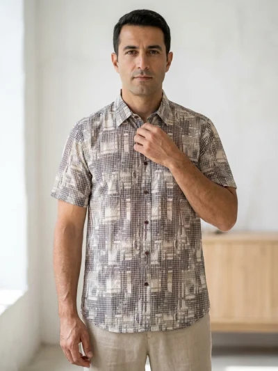 Home 27 Abstract Neutral Grid Short Sleeve Shirt