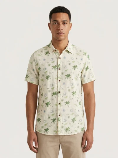 Home 12 Cream Palm Print Short-Sleeve Linen Shirt