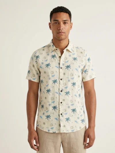 Home 7 Cream Blue Palm Short-Sleeve Linen Shirt