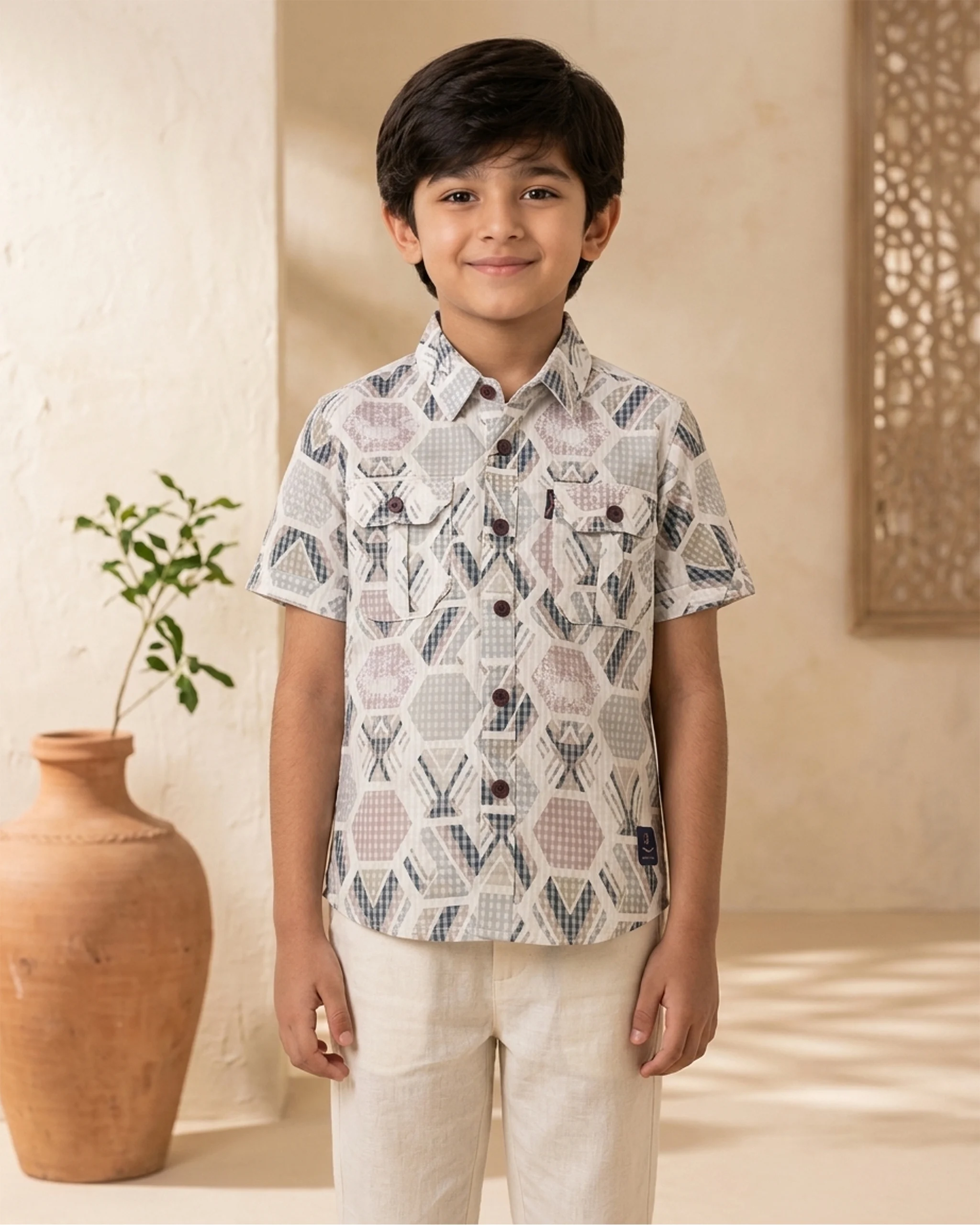Boys' Geometric Patchwork Cotton Shirt 1 Boys' Geometric Patchwork Cotton Shirt