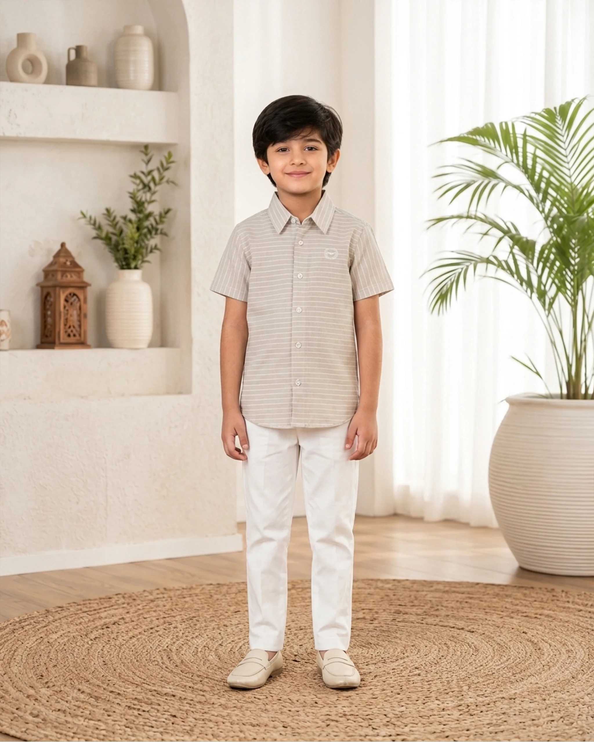 Boys' Beige Striped Cotton Shirt 2 Boys' Beige Striped Cotton Shirt - Image 2