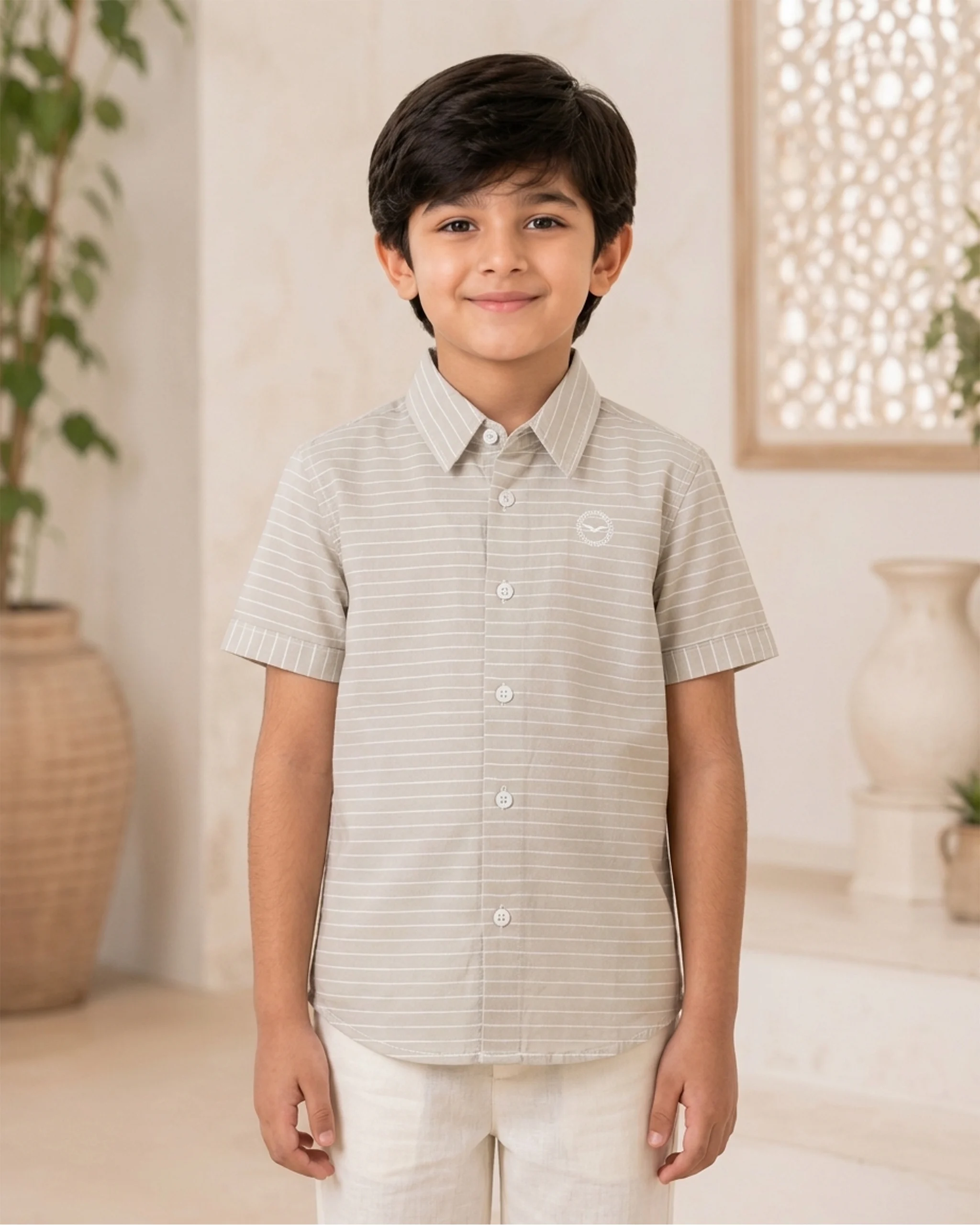 Boys' Beige Striped Cotton Shirt 1 Boys' Beige Striped Cotton Shirt