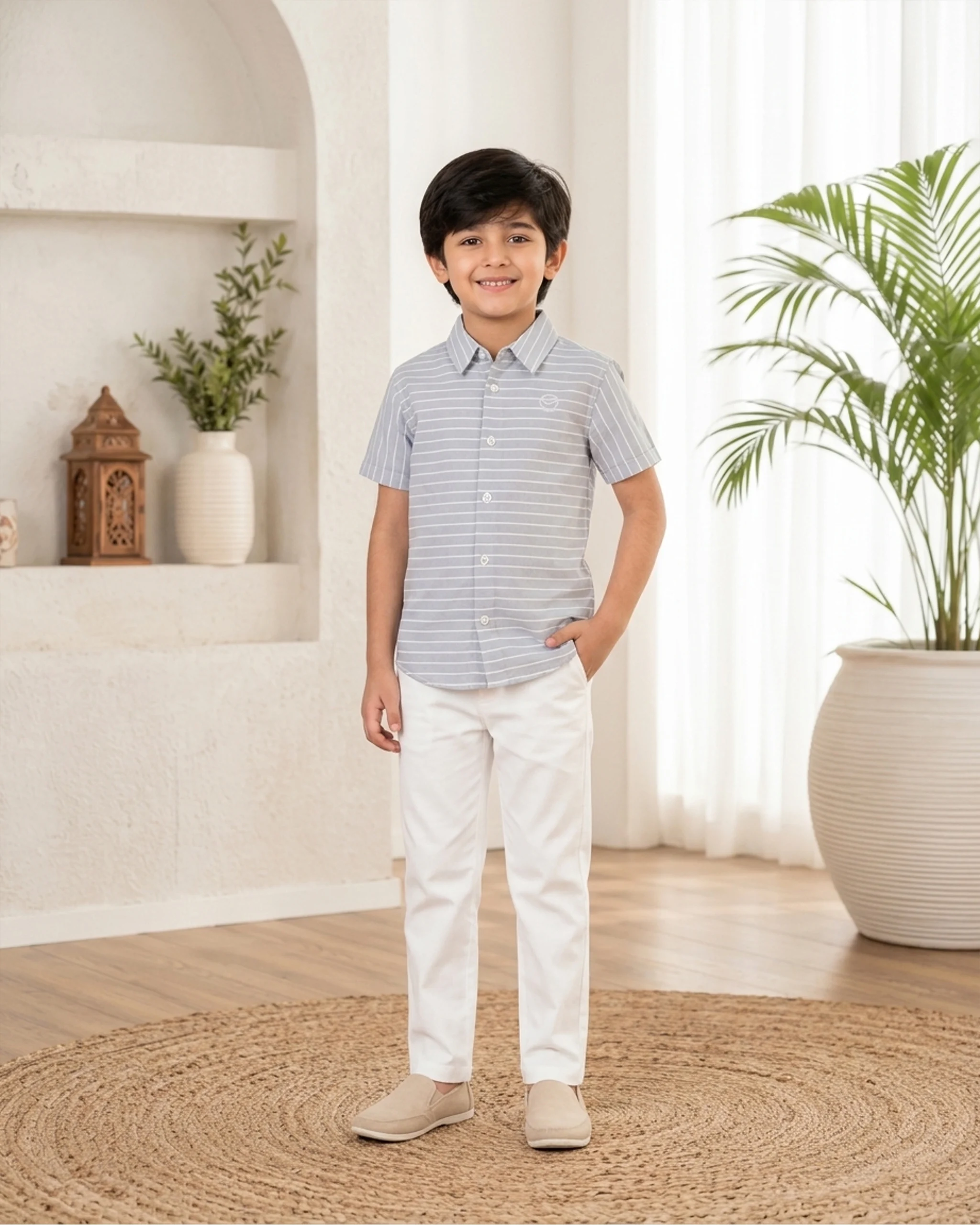 Boys' Grey Striped Cotton Shirt 2 Boys' Grey Striped Cotton Shirt - Image 2